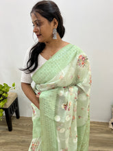 Modal Chanderi Golden Zari Floral Printed Light Olive Green Saree